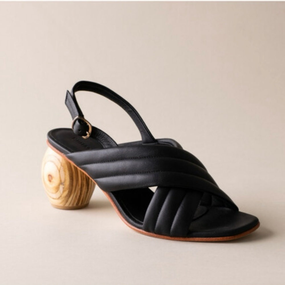 Black Quilted Leather Slingback Sandals with Wood-Effect Heel - Picture 2 of 7